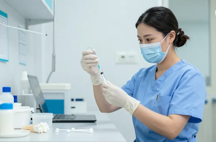 Healthcare professional expertly using a luer lock syringe to draw medication in a sterile clinical environment, showcasing professionalism and precision.