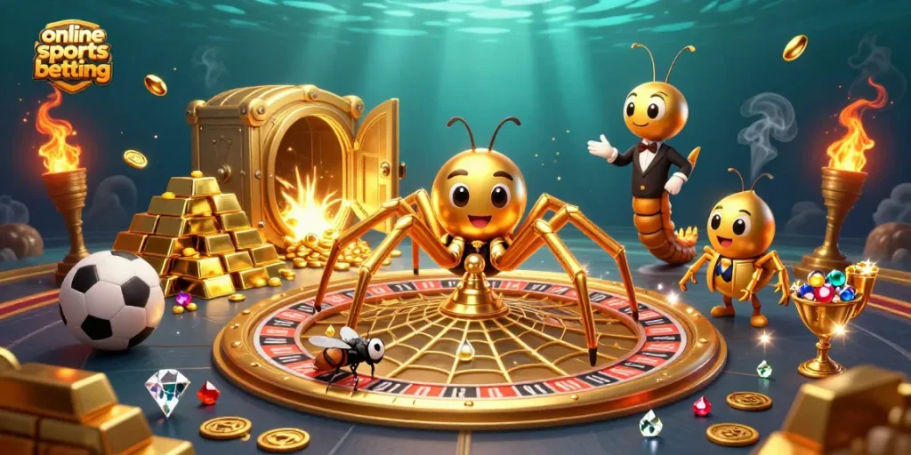 Engage in online sports betting with a thrilling 3D scene of a spider and croupier in an energetic casino.