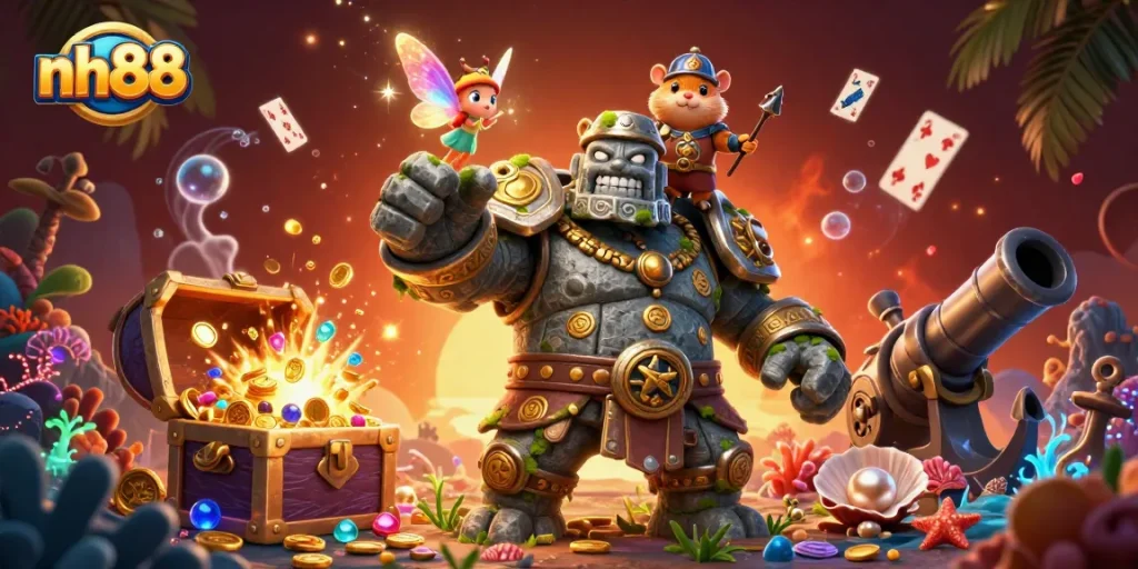 Experience the thrilling adventures at nh88 with a magical golem and knight in a dynamic casino scene.