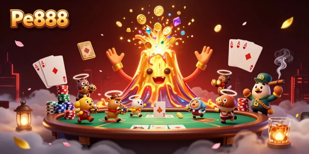 Pe888 showcases a triumphant golden volcano, poker elements, and adventure in a 3D vibrant casino illustration.