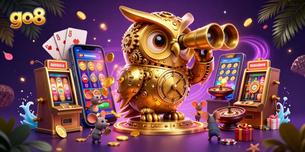 Play exciting slots at go8 featuring a golden owl, vibrant games, and treasures.