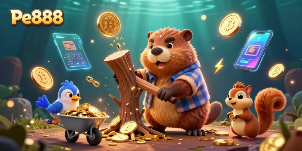Pe888 players enjoy a vibrant 3D casino scene with gambling-themed characters, gold coins, and crypto elements.