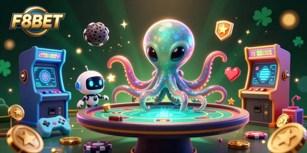 Action-packed F8BET scene with a cartoon alien octopus at a poker table, colorful gaming elements, and dynamic atmosphere.