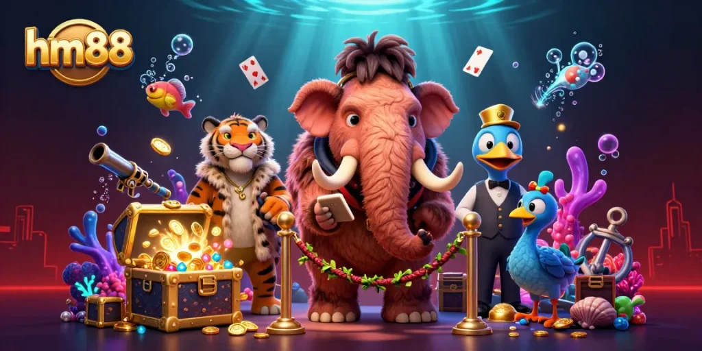 Experience exciting gaming with hm88, featuring vibrant characters in a thrilling casino scene.